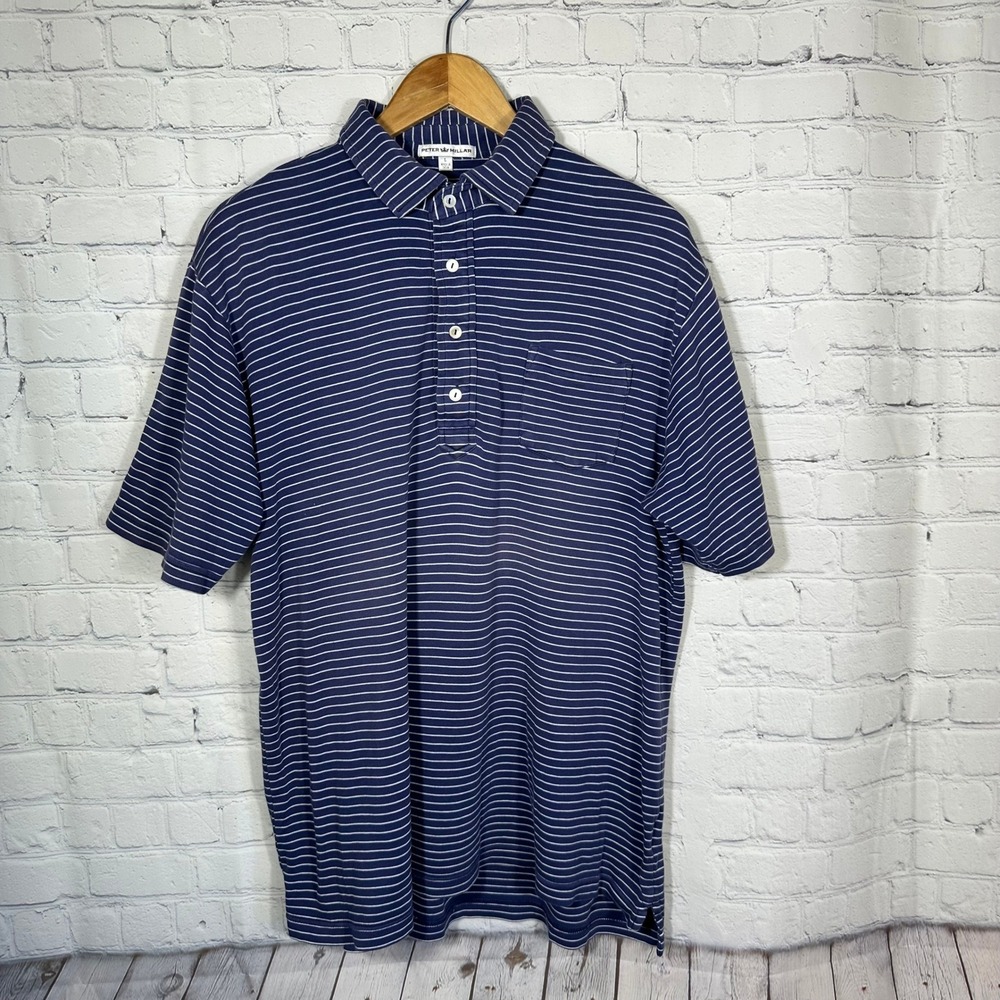 Peter Millar Mens Large Blue White Striped Cotton‎ Short Sleeve Polo MF13K26